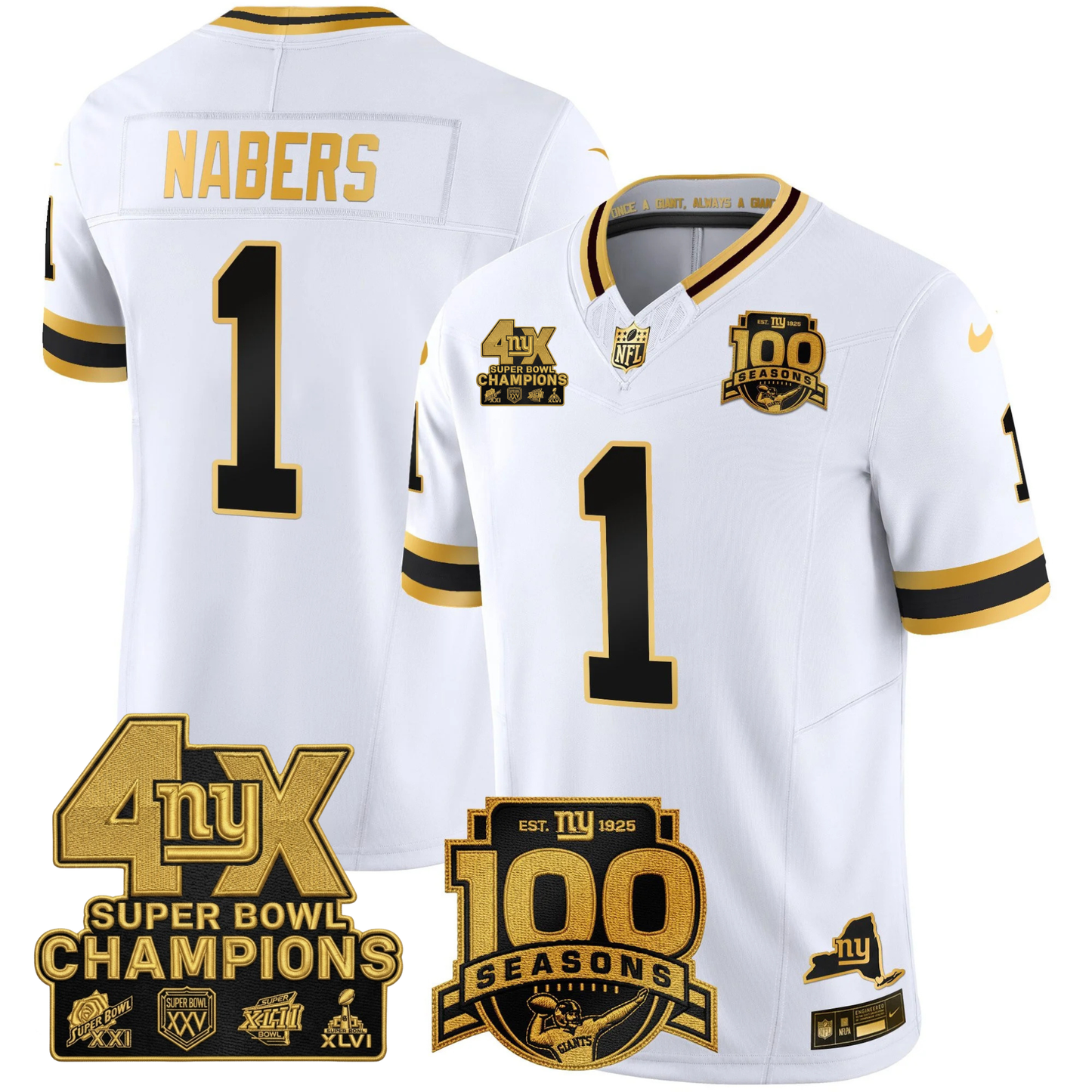 NYG 4X Champions & 100th Season Patch Vapor Limited Jersey - Stitched