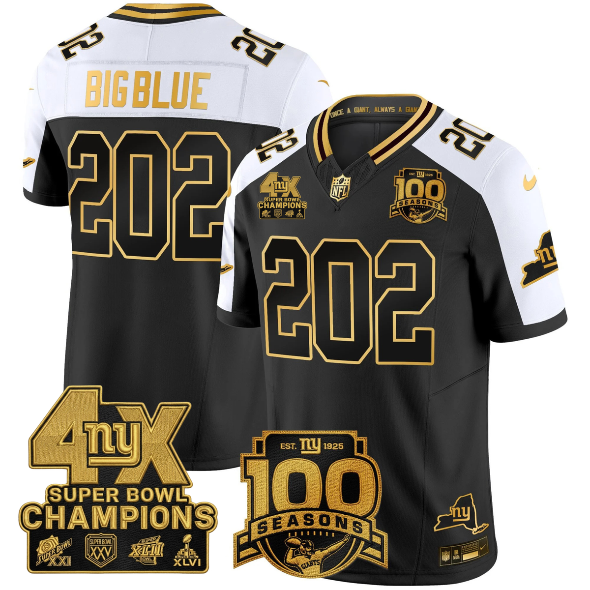NYG 4X Champions & 100th Season Patch Vapor Limited Jersey - Stitched