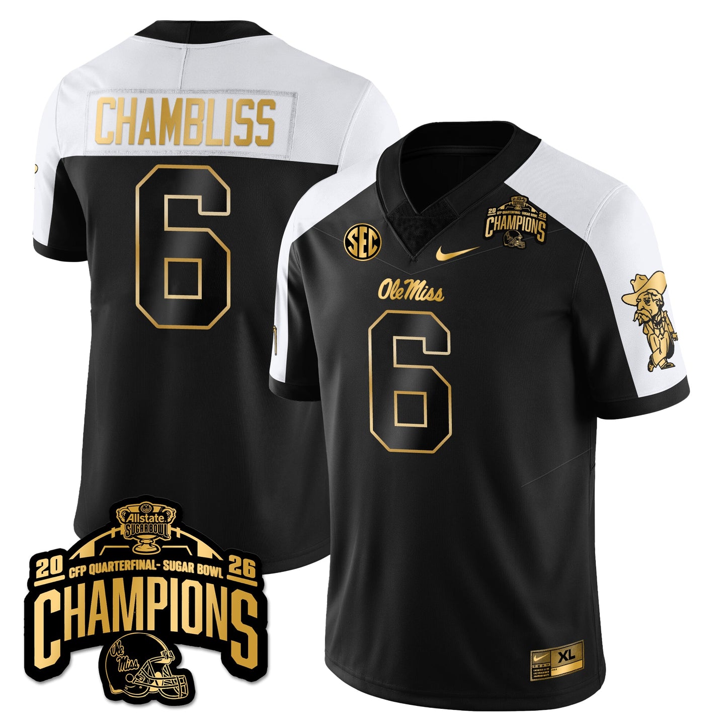 Ole Miss Football Vapor Limited Gold Jersey - Allstate Sugar Bowl Champions - All Stitched