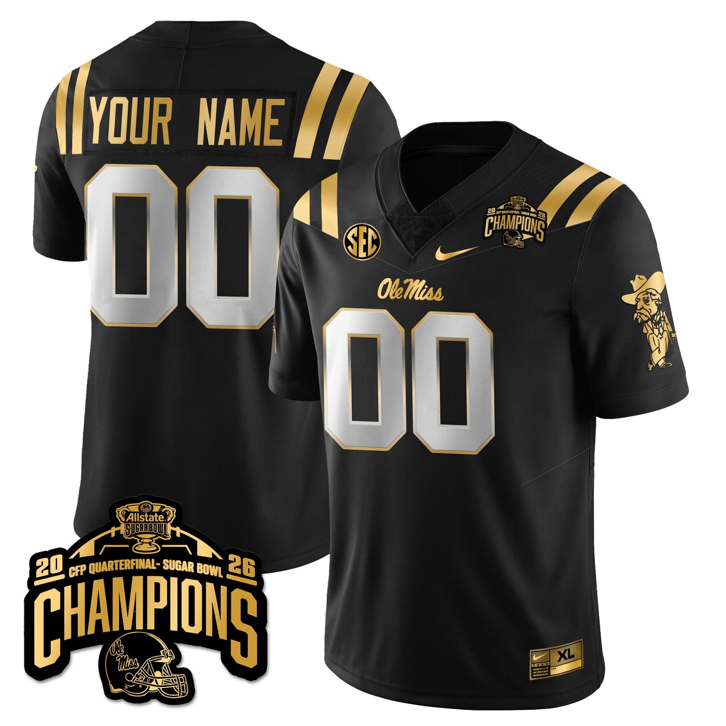 Ole Miss Football Vapor Limited Gold Jersey - Allstate Sugar Bowl Champions - All Stitched