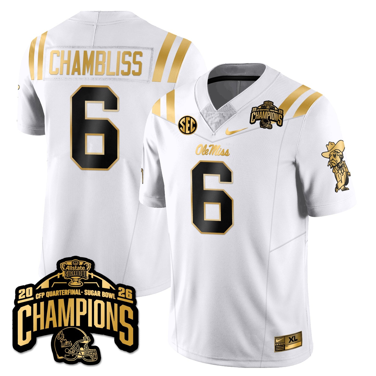Ole Miss Football Vapor Limited Gold Jersey - Allstate Sugar Bowl Champions - All Stitched