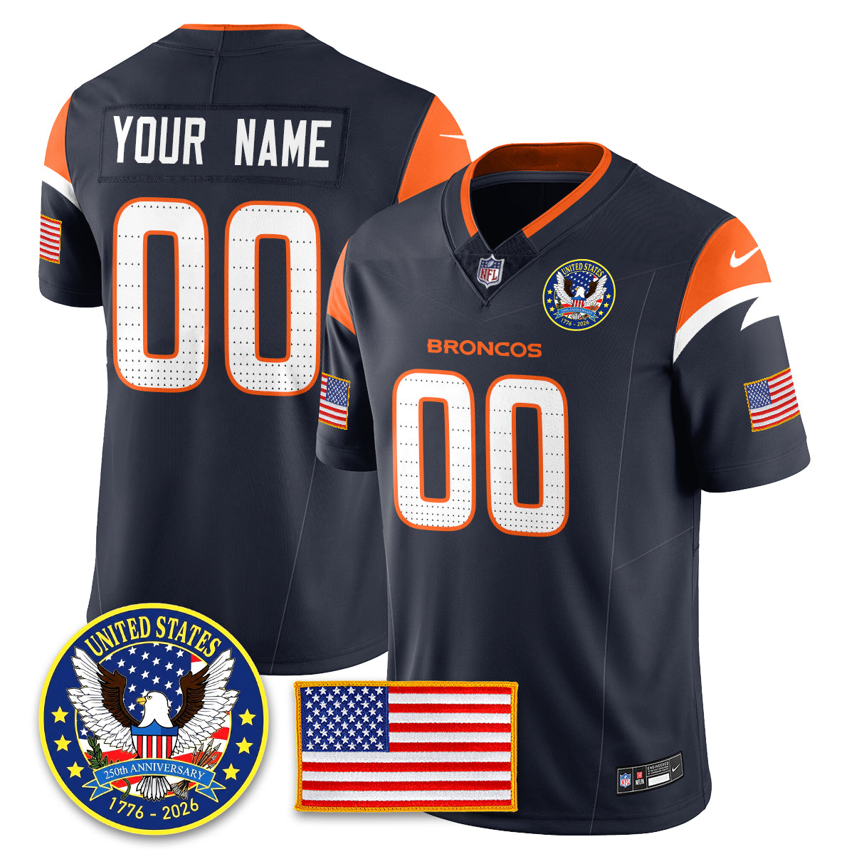 Custom Denver Broncos "United States 250th Anniversary Patch" Vapor Limited Jersey - All Stitched