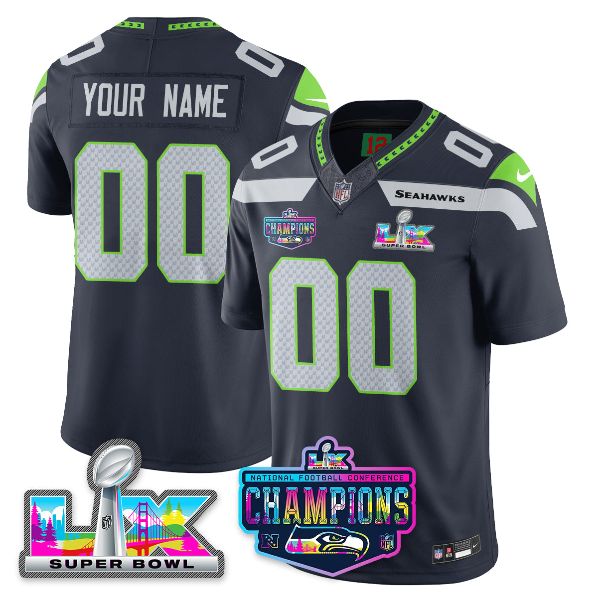 Custom SEA 2025 Vapor Limited Jersey - NFC Champions Limited Patch - All Stitched