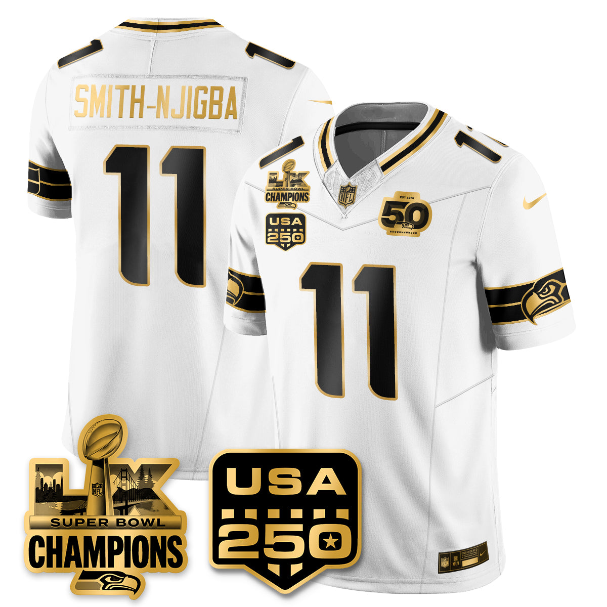 SEA Super Bowl LX - 50th Anniversary Patch Gold Vapor Limited Jersey N19 - All Stitched