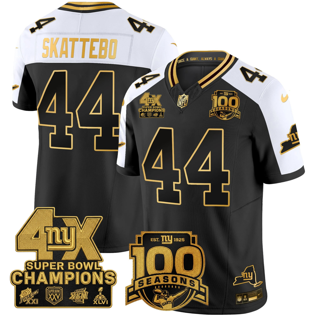 NYG 4X Champions & 100th Season Patch Vapor Limited Jersey - Stitched