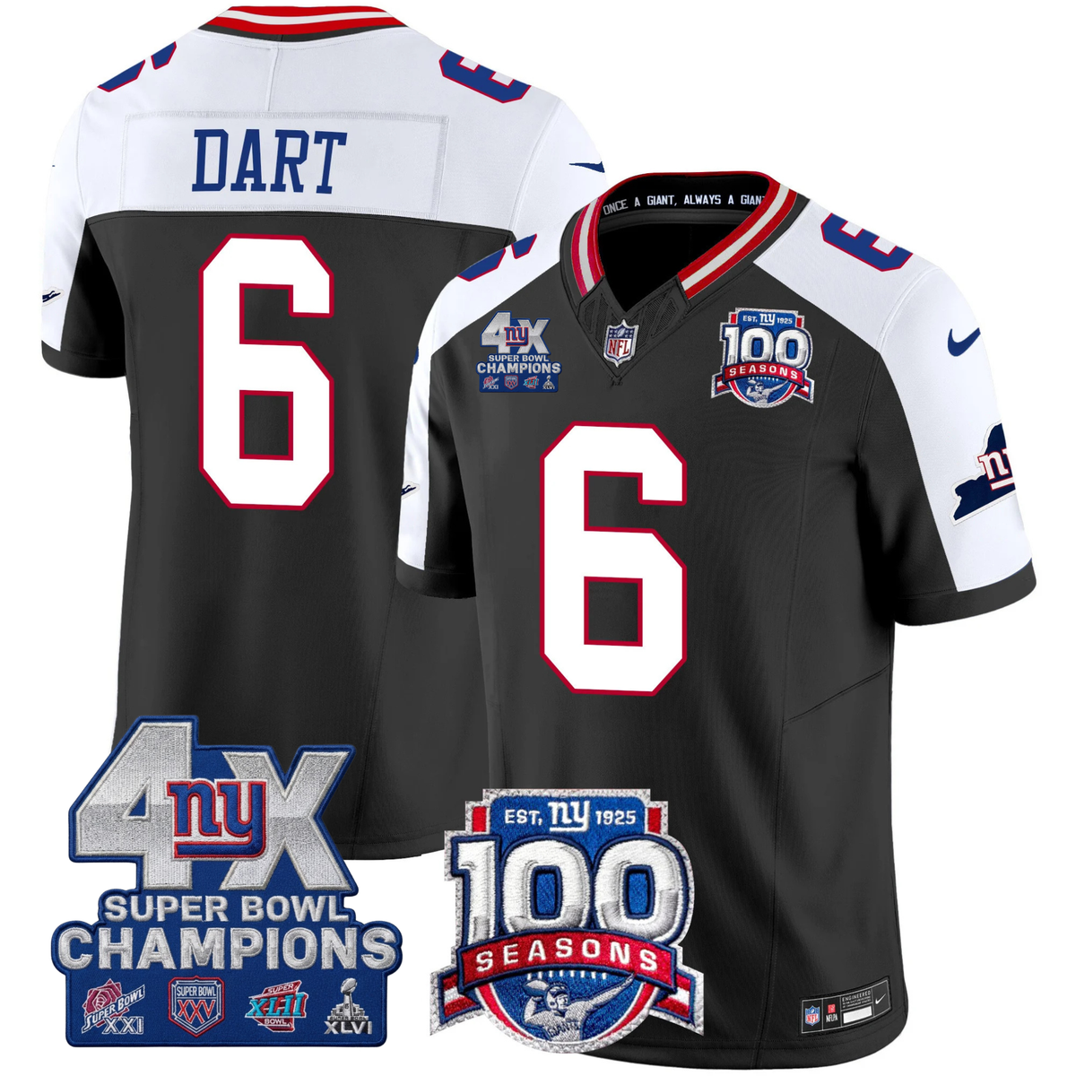 NYG 4X Champions & 100th Season Patch Vapor Limited Jersey - Stitched