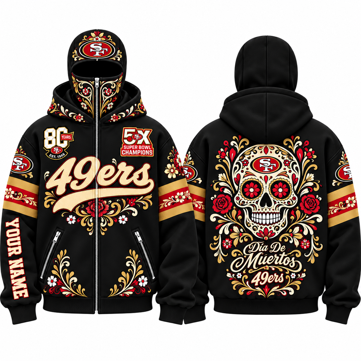 SF Día de los Muertos Personalized Mask Zip Up Hoodie - Printed
