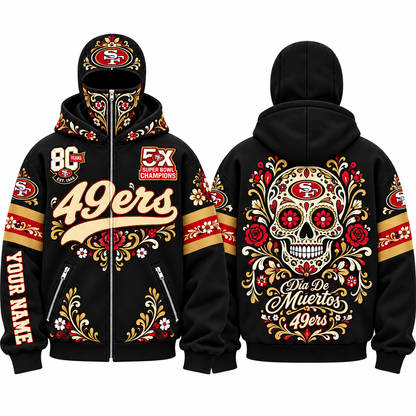 SF Día de los Muertos Personalized Mask Zip Up Hoodie - Printed