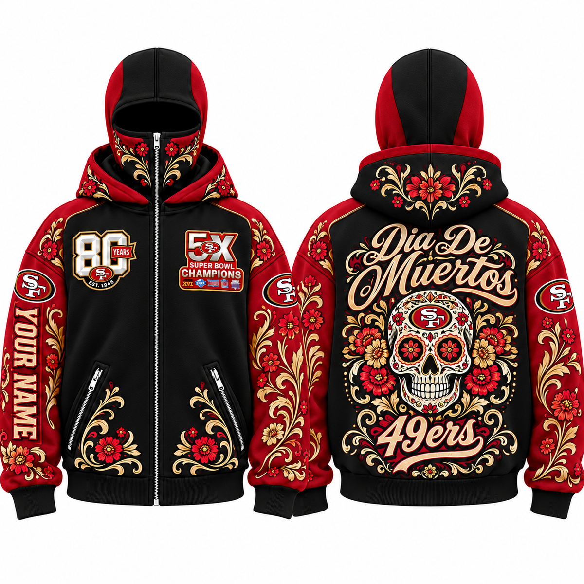 SF Día de los Muertos Personalized Mask Zip Up Hoodie - Printed V2