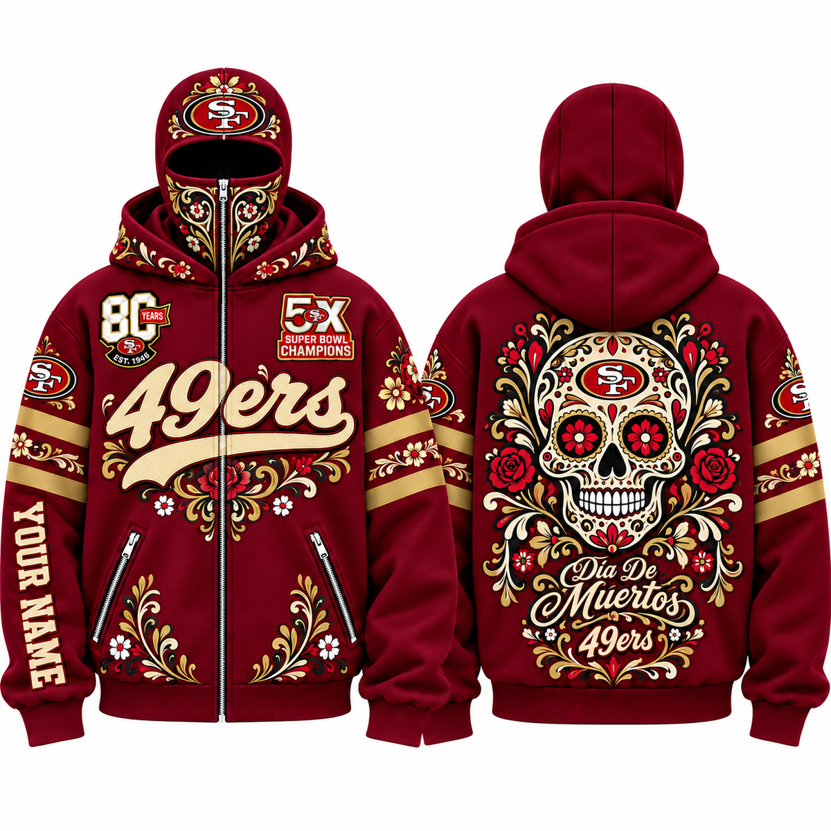 SF Día de los Muertos Personalized Mask Zip Up Hoodie - Printed