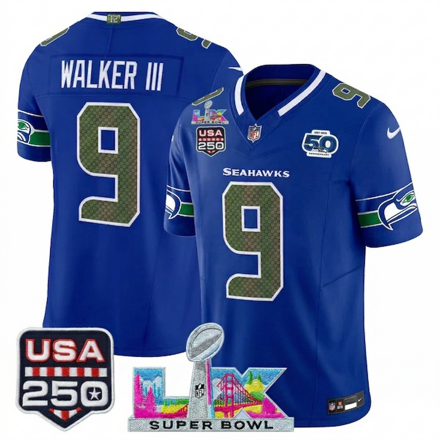 SEA "Super Bowl LX & United States 250th Anniversary Patch" Vapor Limited Jersey - All Stitched