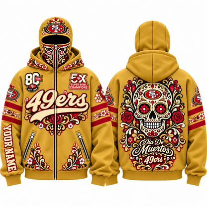 SF Día de los Muertos Personalized Mask Zip Up Hoodie - Printed