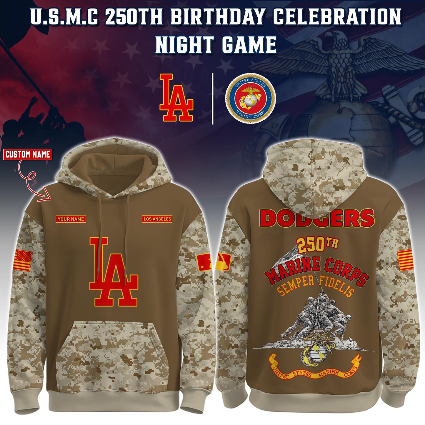 Dodgers U.S.M.C 250th Birthday Pullover Hoodie - Printed