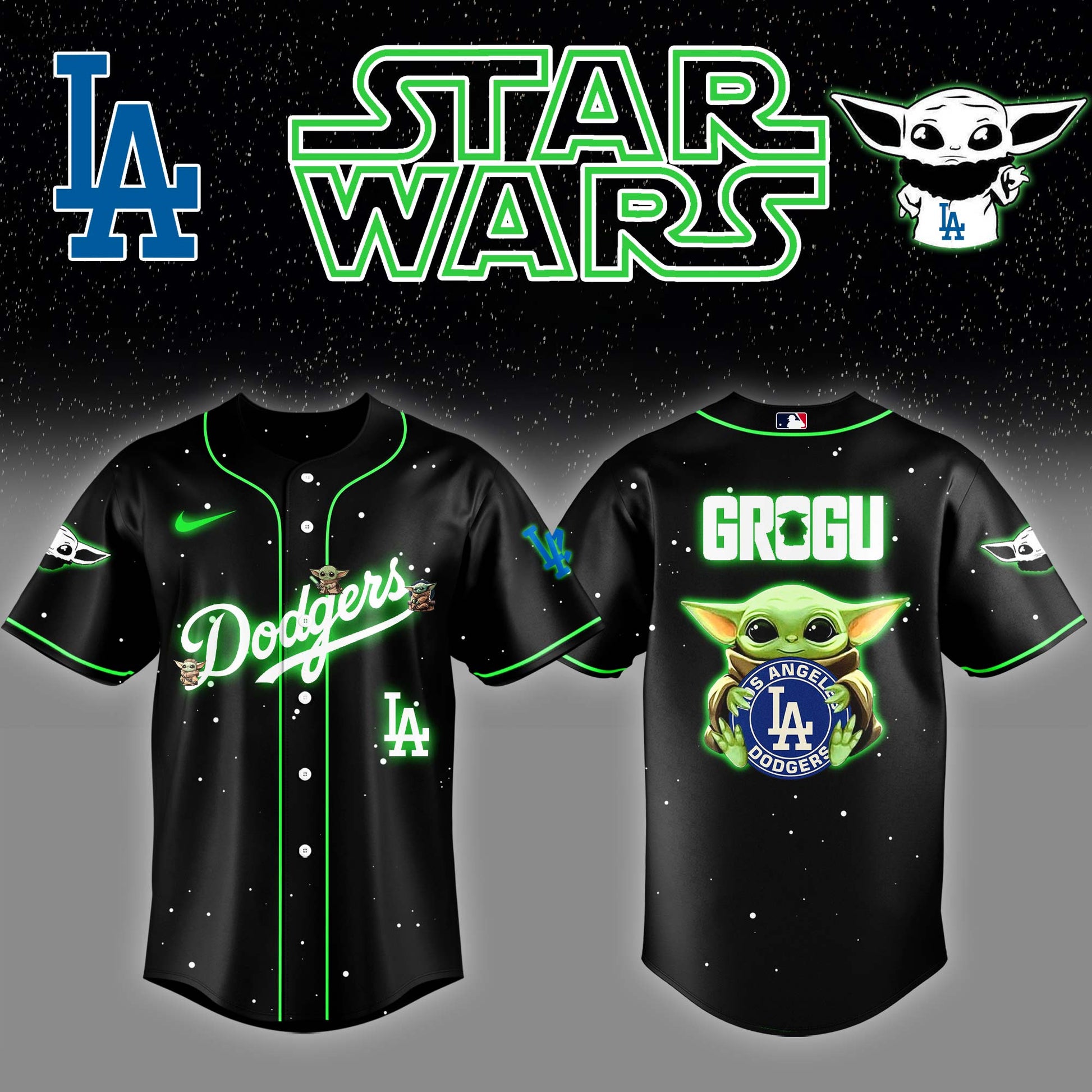 .Los Angeles Dodgers x Stars Wars Grogu Night Baseball Jersey Editions Limited v3