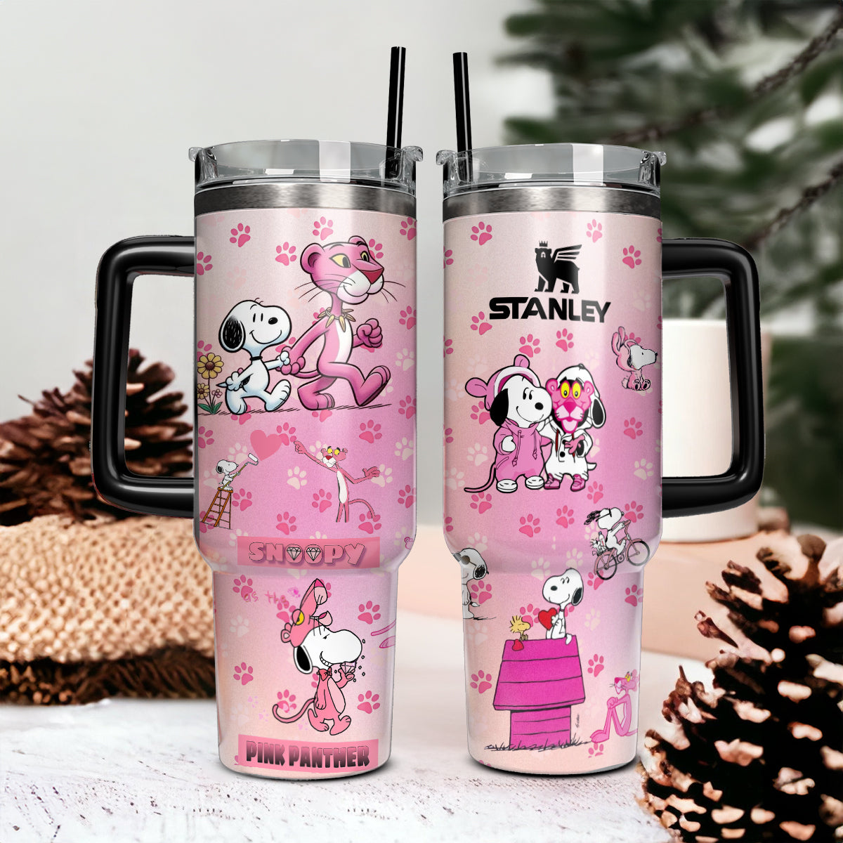 40oz Custom Tumbler Christmas Couple Snoopy Pink Panther - 411QA-TB033