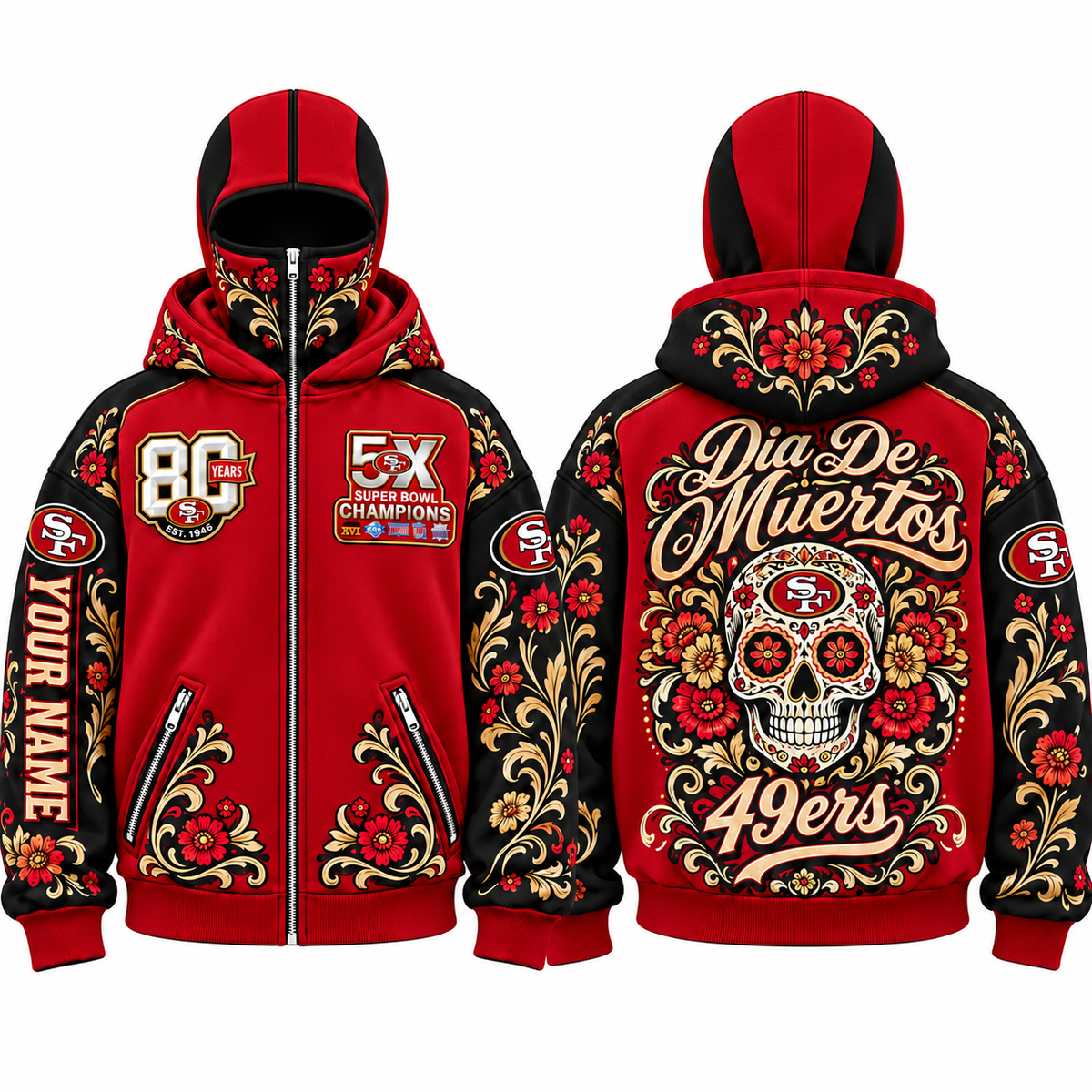SF Día de los Muertos Personalized Mask Zip Up Hoodie - Printed V2