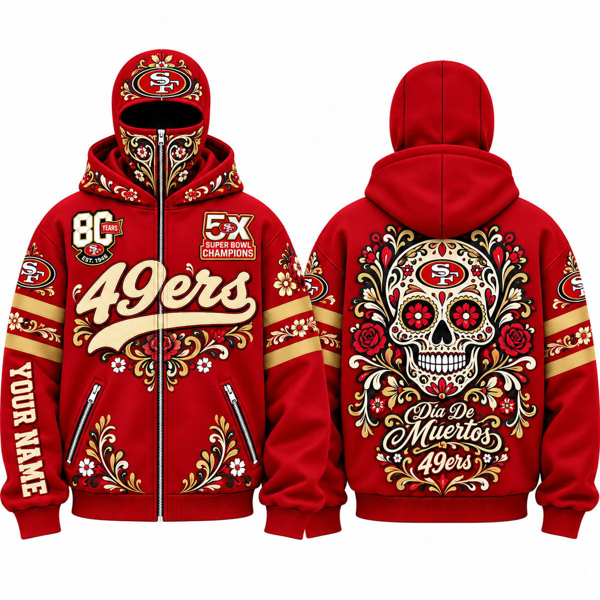 SF Día de los Muertos Personalized Mask Zip Up Hoodie - Printed