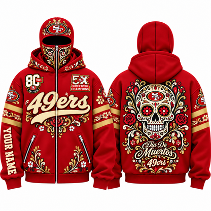 SF Día de los Muertos Personalized Mask Zip Up Hoodie - Printed