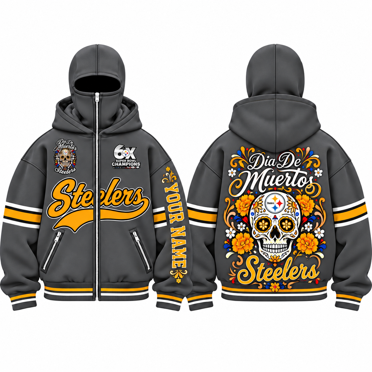 PIT Día de los Muertos Style Personalized Mask Zip Up Hoodie - Printed
