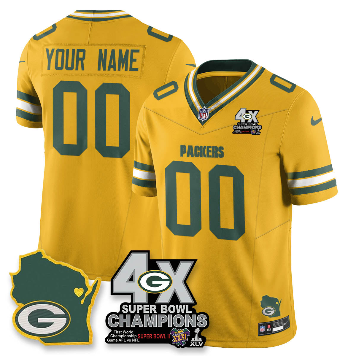 Custom GB 4-Time Champions Patch Vapor Limited Jersey - All Stitched