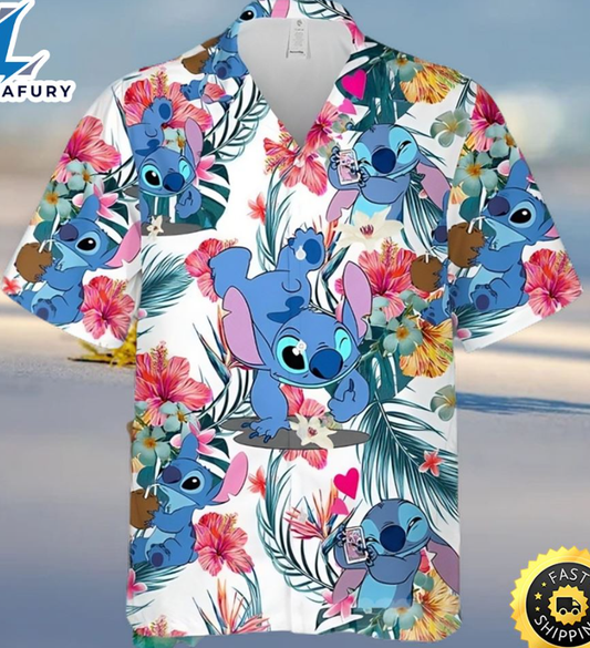 Lovely Stitch Disney Cartoon Red Hibiscus Hawaiian Shirt- 406TTHS116