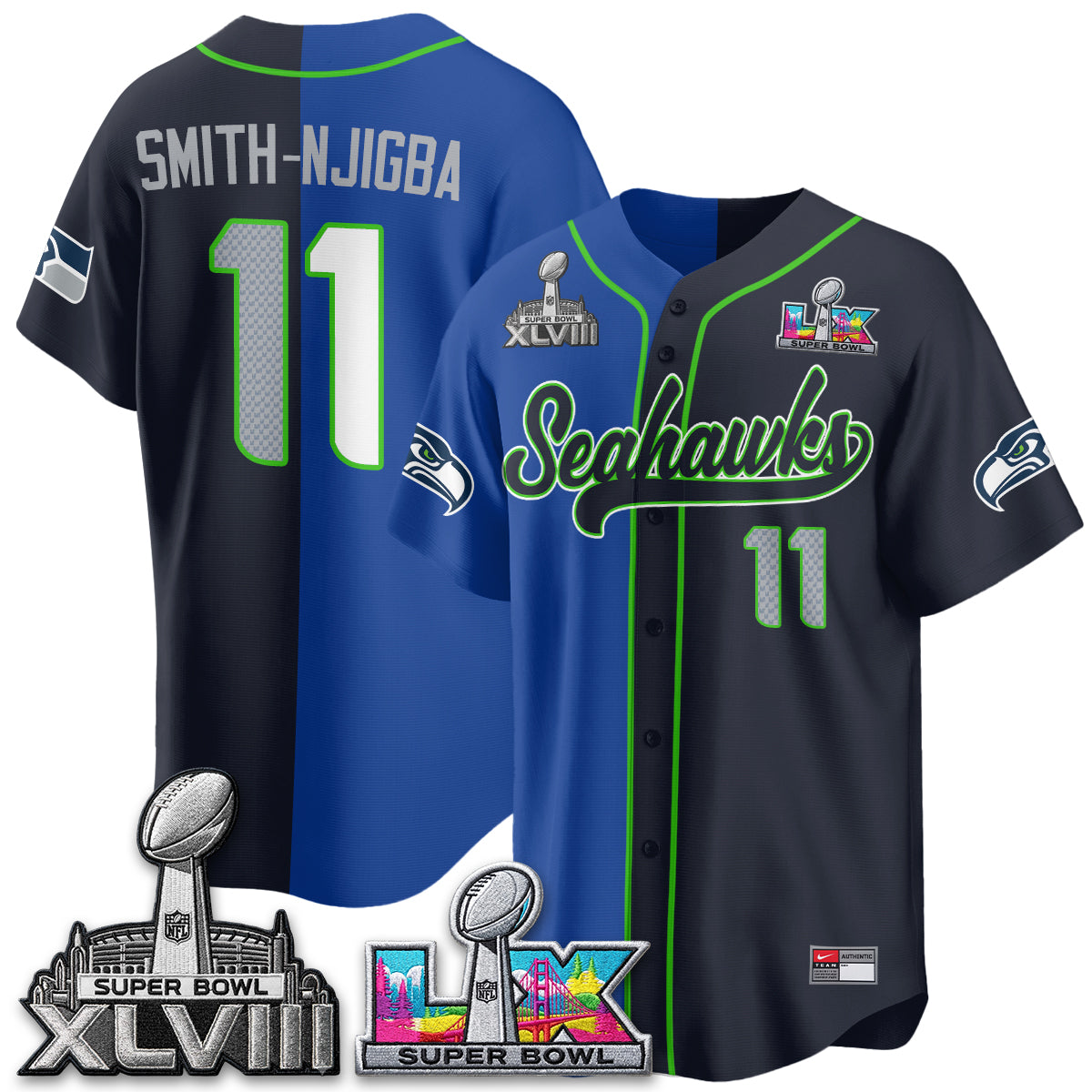 Seattle Seahawks S.Bowl Champs Split Baseball Vapor Jersey V2- Stitched