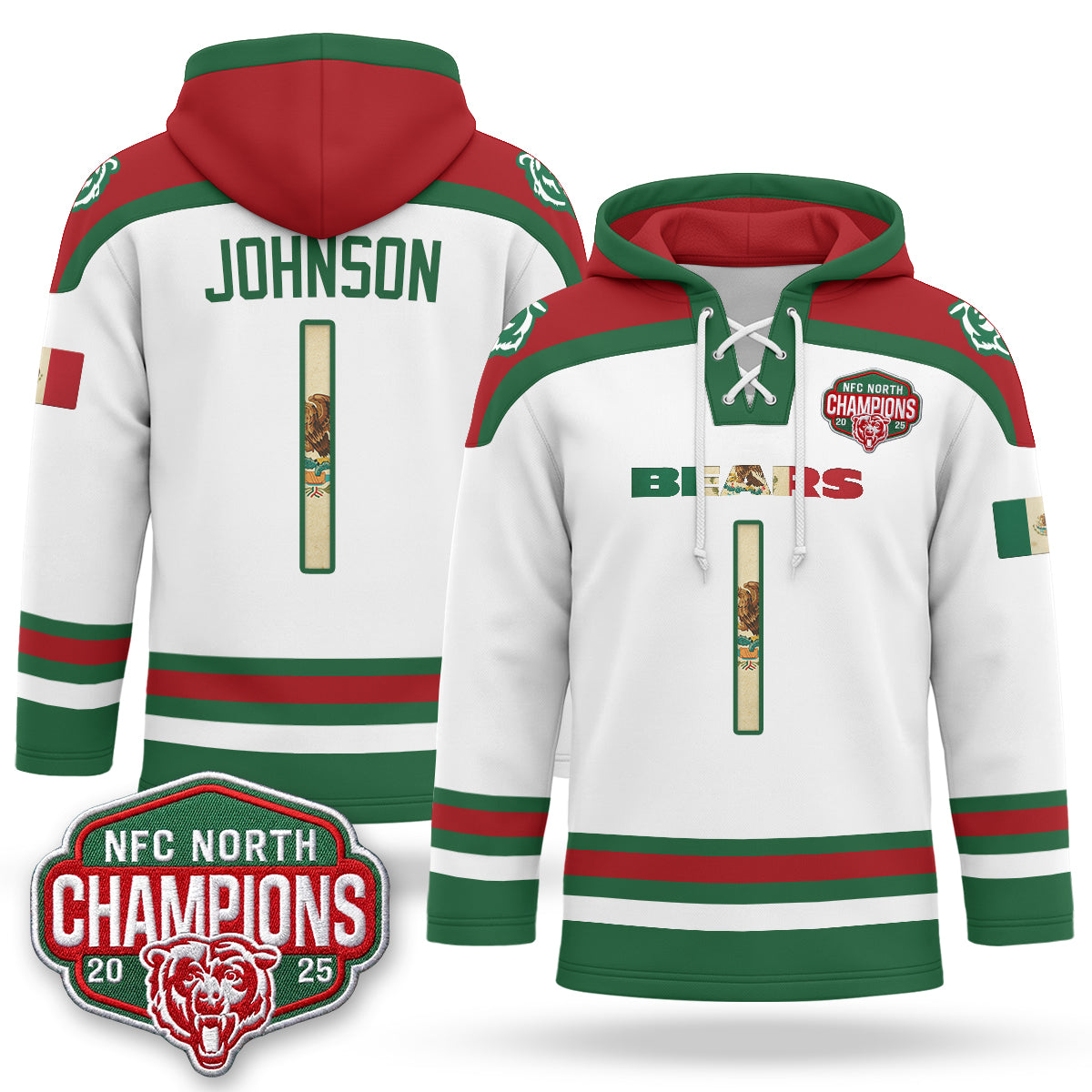 Chicago Bears 2026 Mexico NFC North Champions 2025 Patch Hockey Hoodie - Stitched