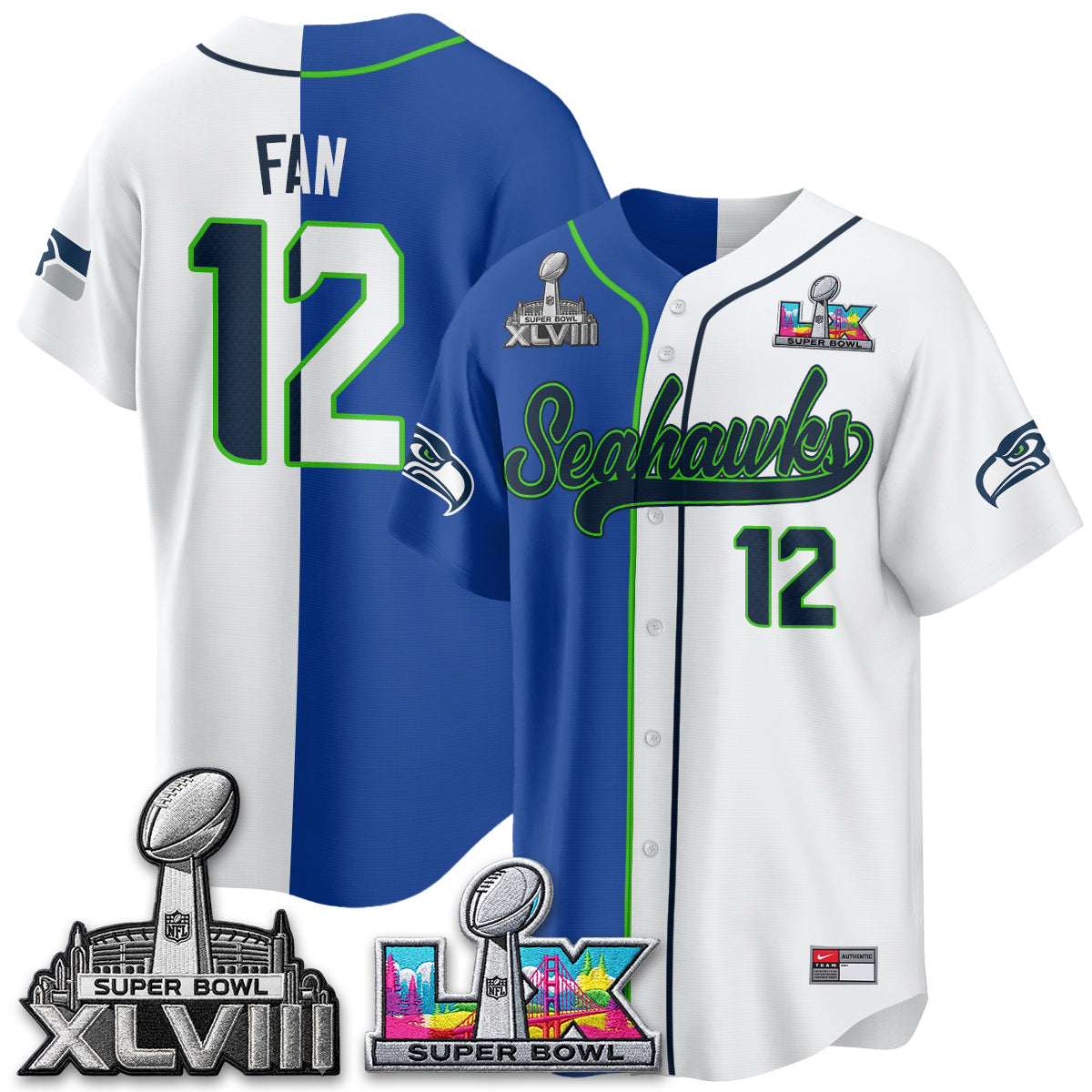 Seattle Seahawks S.Bowl Champs Split Baseball Vapor Jersey V2- Stitched