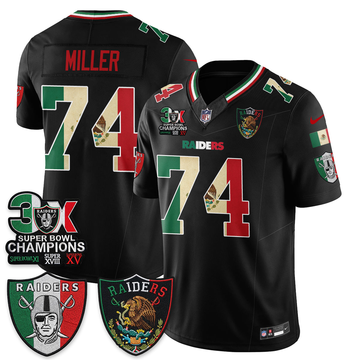 Las Vegas Raiders 3X Champs Mexico Edition Vapor Jersey - Stitched