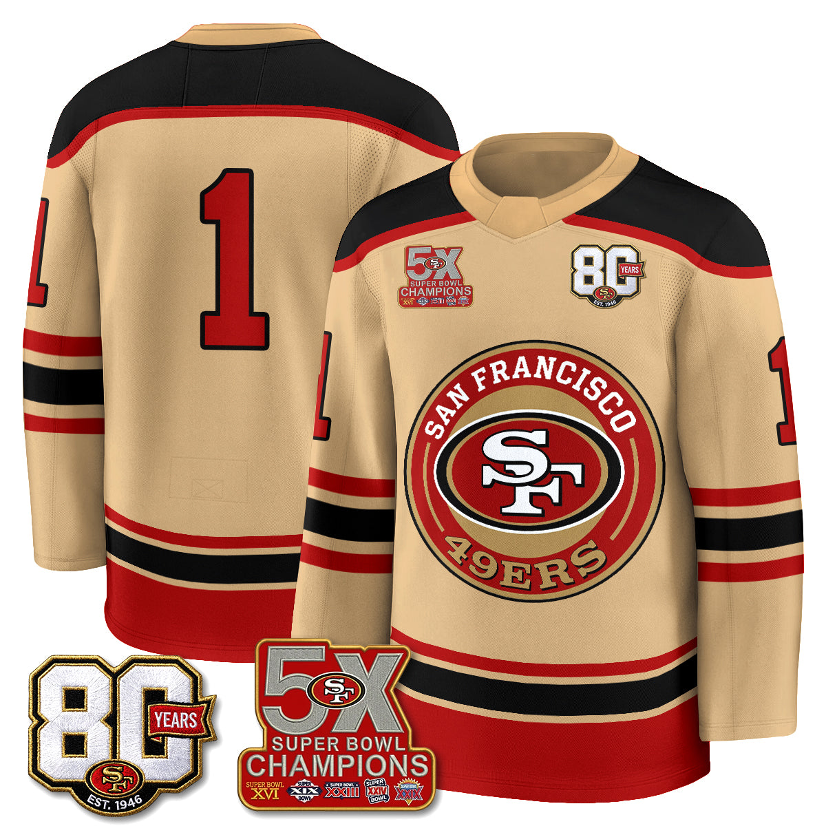San Francisco 49ers 4X Champs Hockey Jersey - Stitched