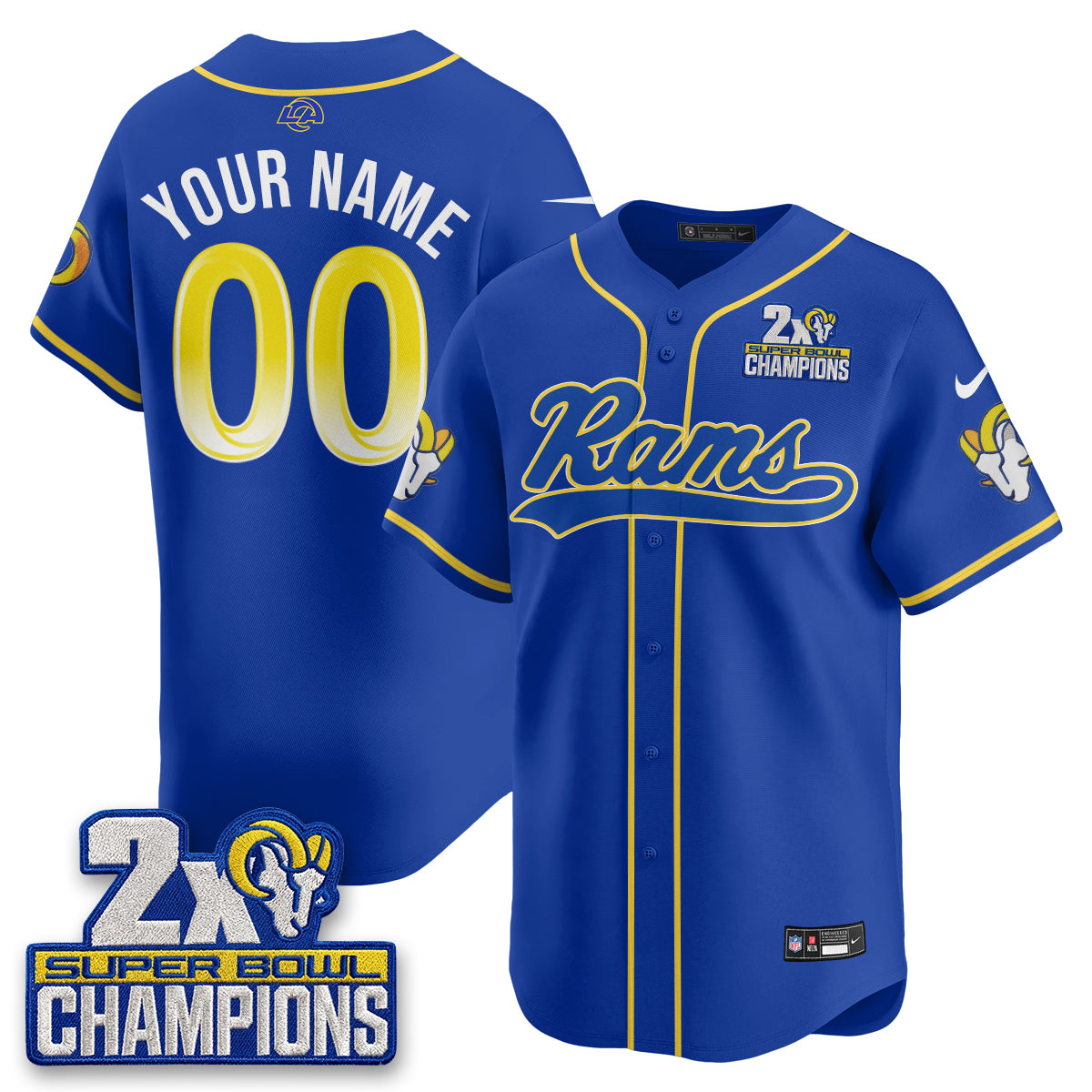 Los Angeles Rams 2X Champs Rivalries Baseball Vapor Custom Jersey - Stitched