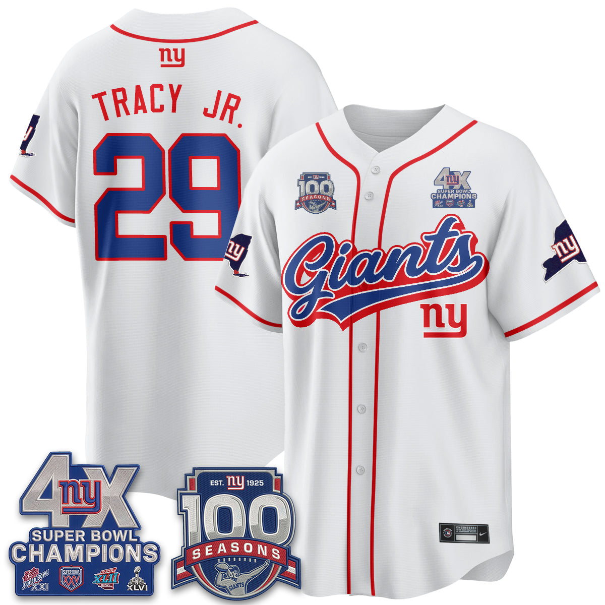 New York Giants 4X Champs & 100 Anniversary Vapor Baseball Jersey V2- Stitched
