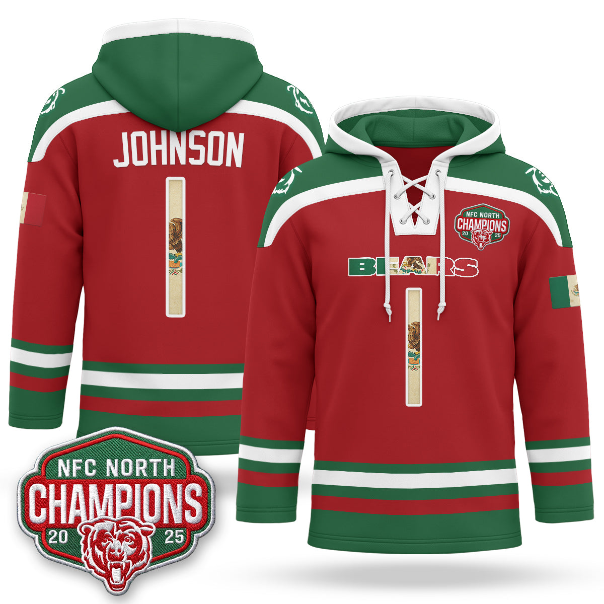 Chicago Bears 2026 Mexico NFC North Champions 2025 Patch Hockey Hoodie - Stitched