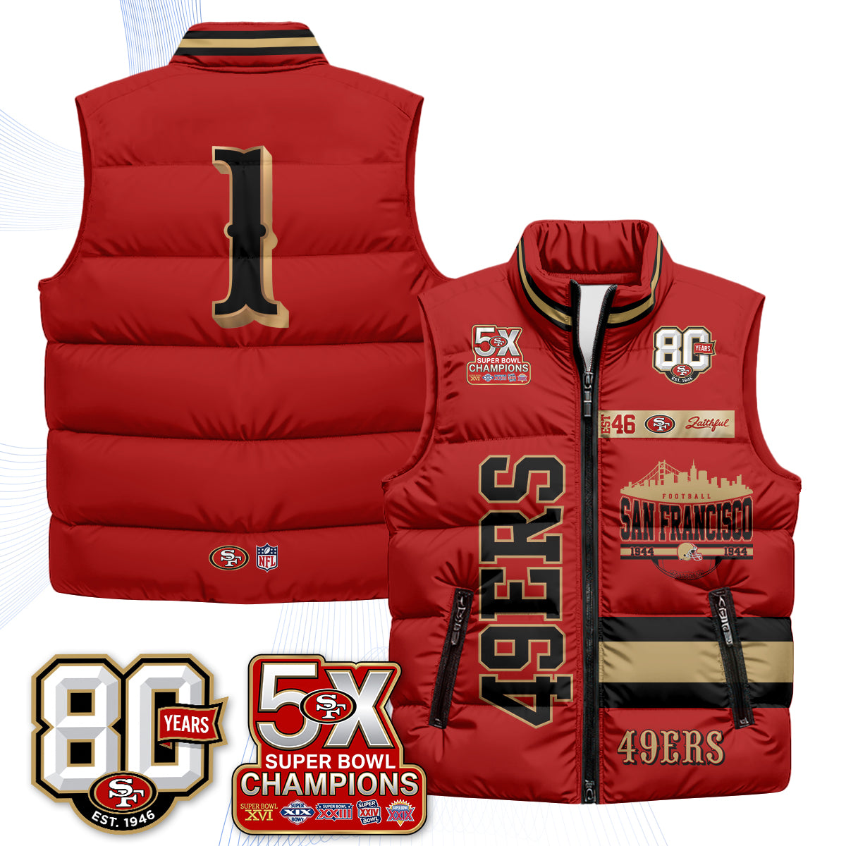 San Francisco 49ers Faithful to The Bay Puffer Vest - Printed