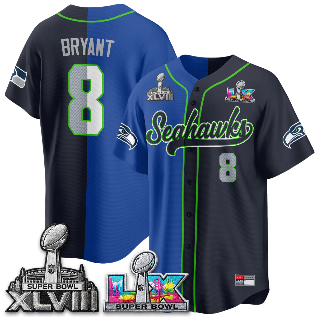 Seattle Seahawks S.Bowl Champs Split Baseball Vapor Jersey V2- Stitched