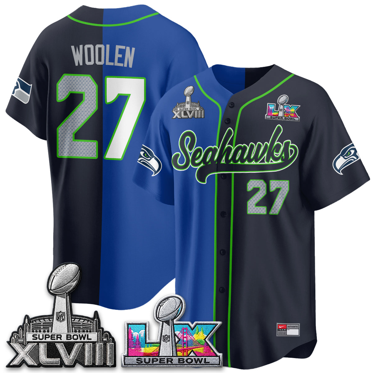 Seattle Seahawks S.Bowl Champs Split Baseball Vapor Jersey V2- Stitched