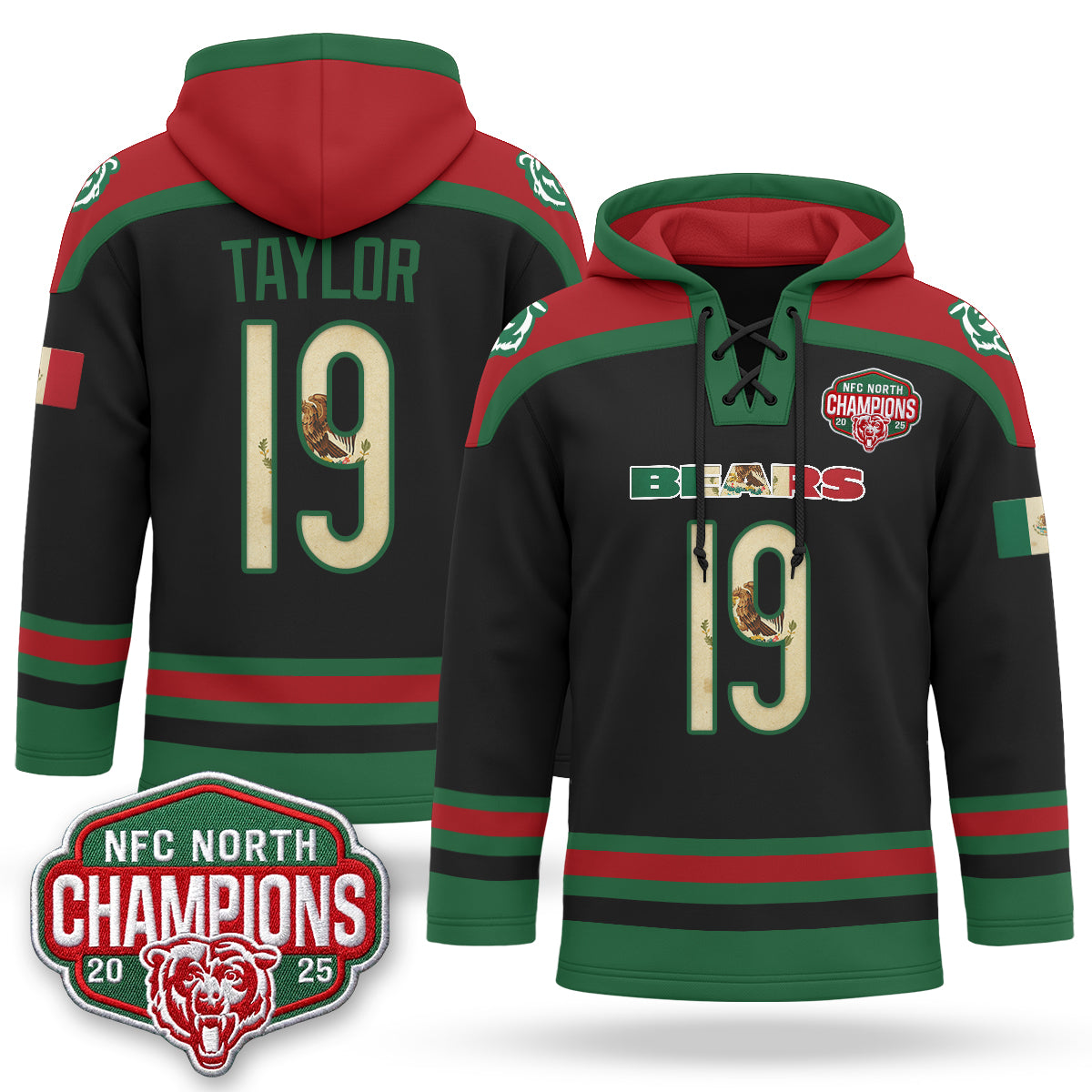 Chicago Bears 2026 Mexico NFC North Champions 2025 Patch Hockey Hoodie - Stitched