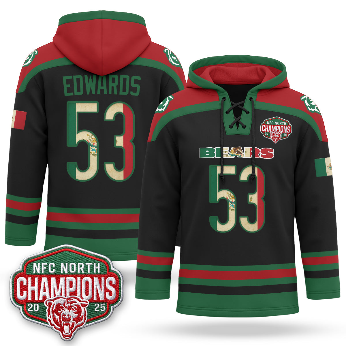 Chicago Bears 2026 Mexico NFC North Champions 2025 Patch Hockey Hoodie - Stitched