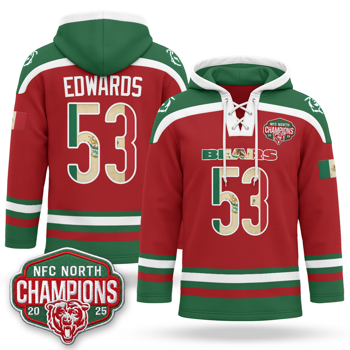 Chicago Bears 2026 Mexico NFC North Champions 2025 Patch Hockey Hoodie - Stitched