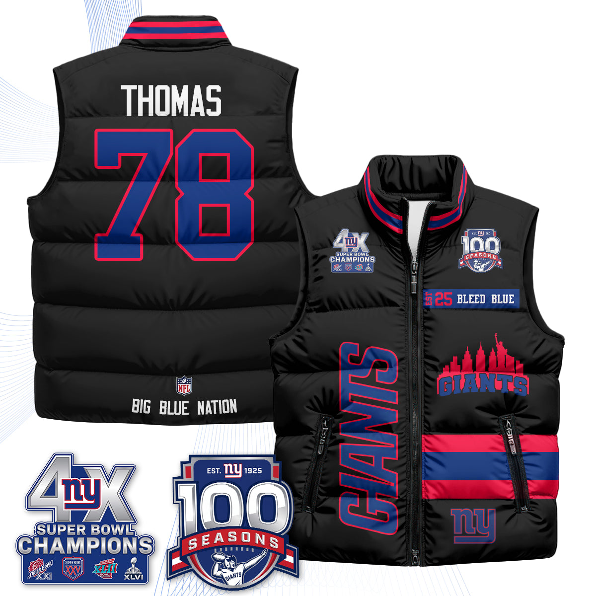 NYG 4X Champs S.Bowl Puffer Vest - Printed