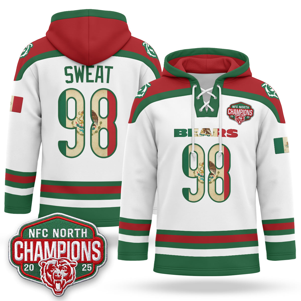 Chicago Bears 2026 Mexico NFC North Champions 2025 Patch Hockey Hoodie - Stitched