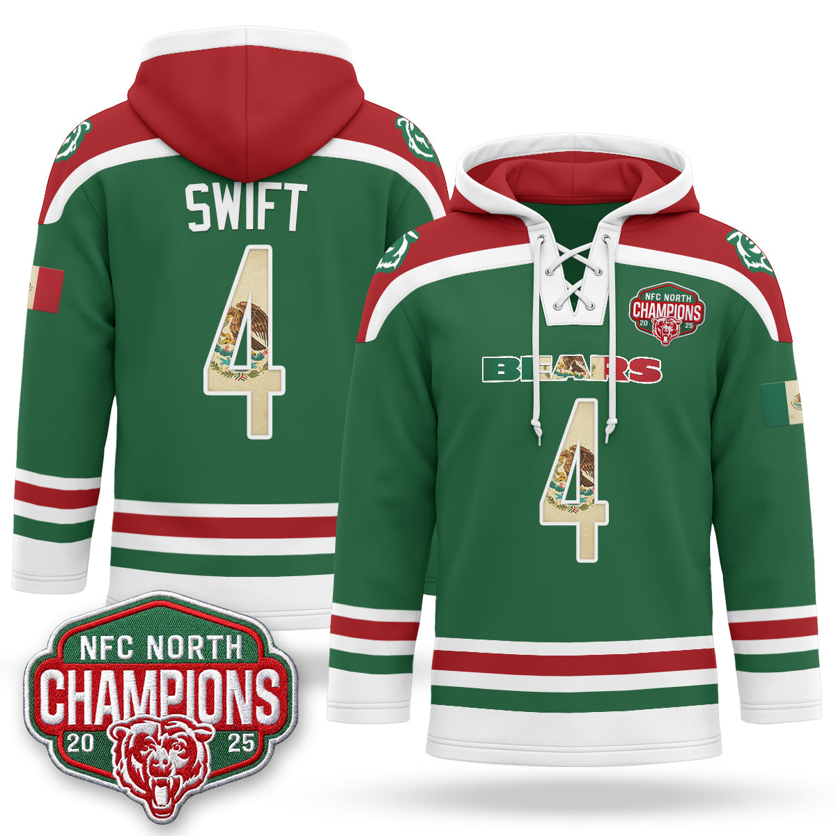 Chicago Bears 2026 Mexico NFC North Champions 2025 Patch Hockey Hoodie - Stitched
