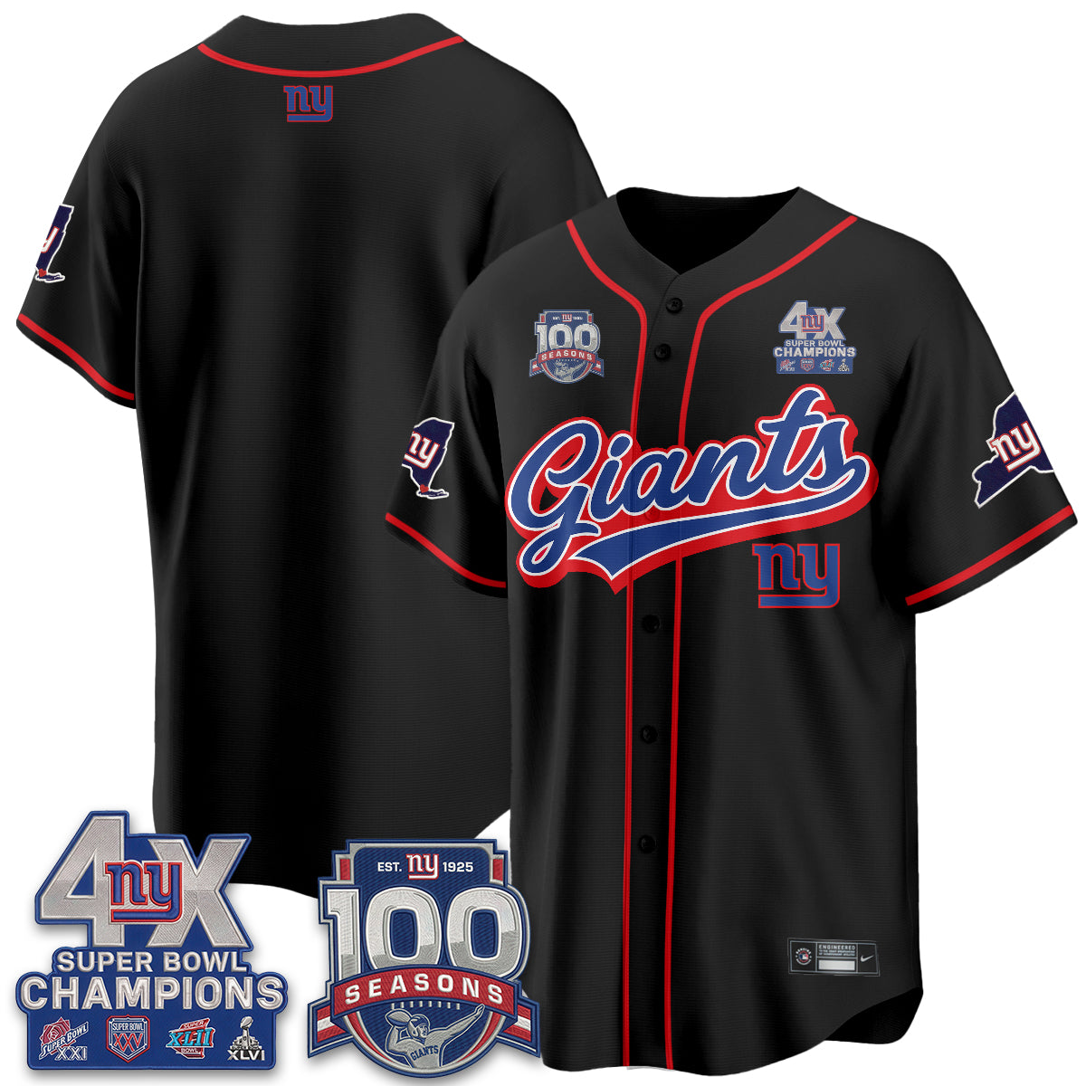 New York Giants 4X Champs & 100 Anniversary Vapor Baseball Jersey V2- Stitched