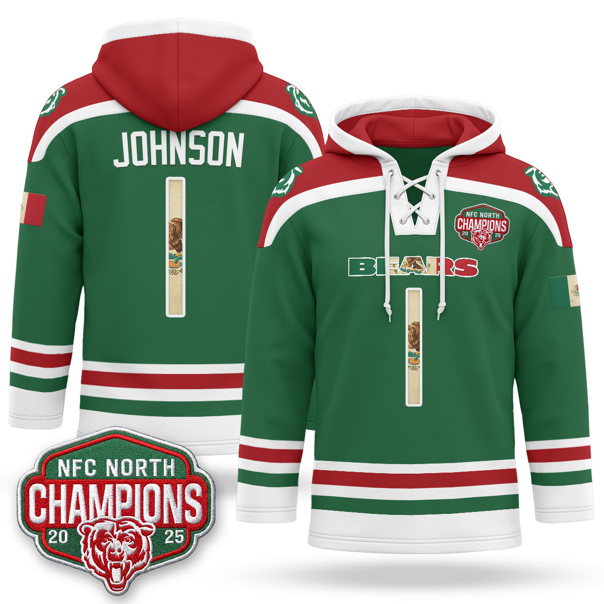 Chicago Bears 2026 Mexico NFC North Champions 2025 Patch Hockey Hoodie - Stitched