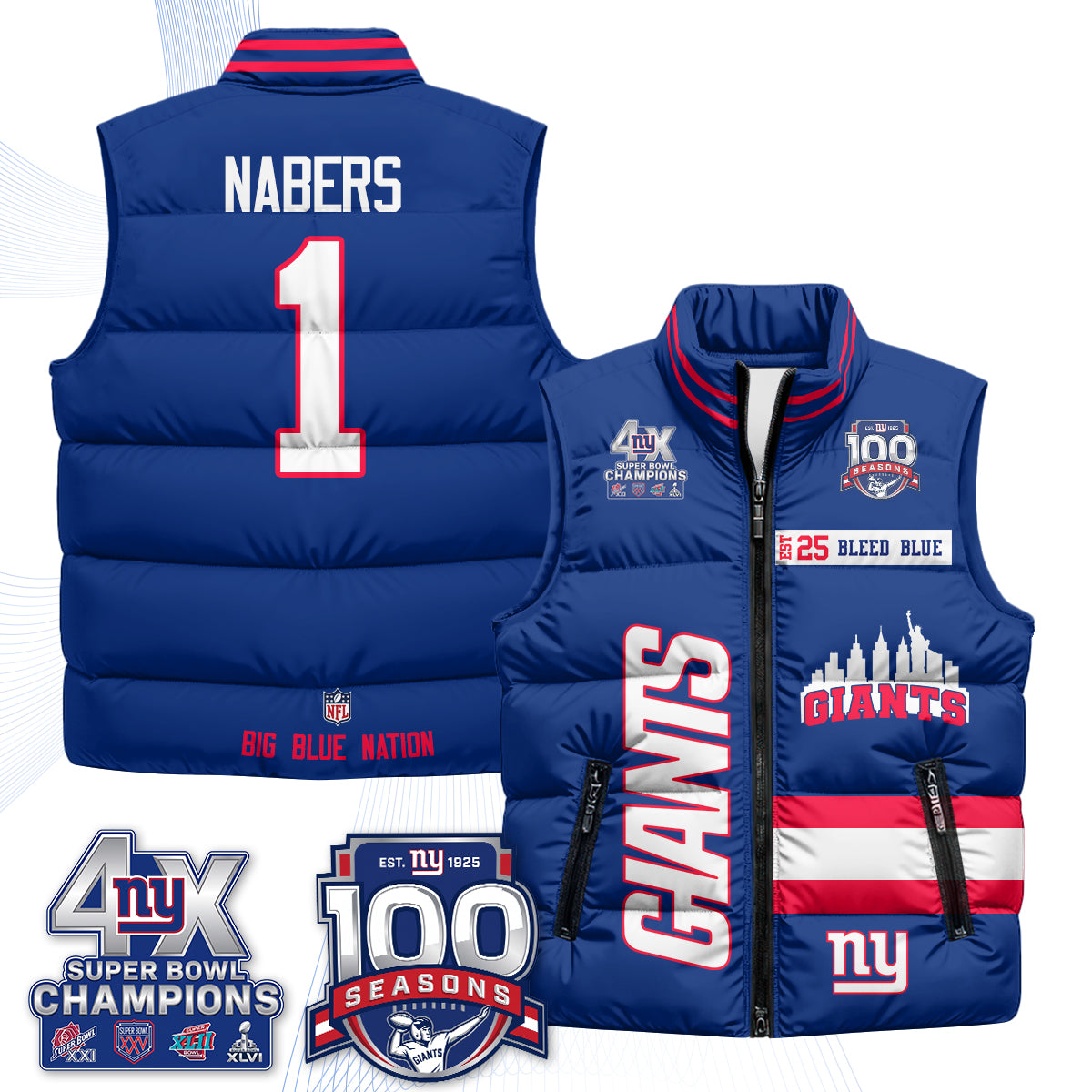 NYG 4X Champs S.Bowl Puffer Vest - Printed