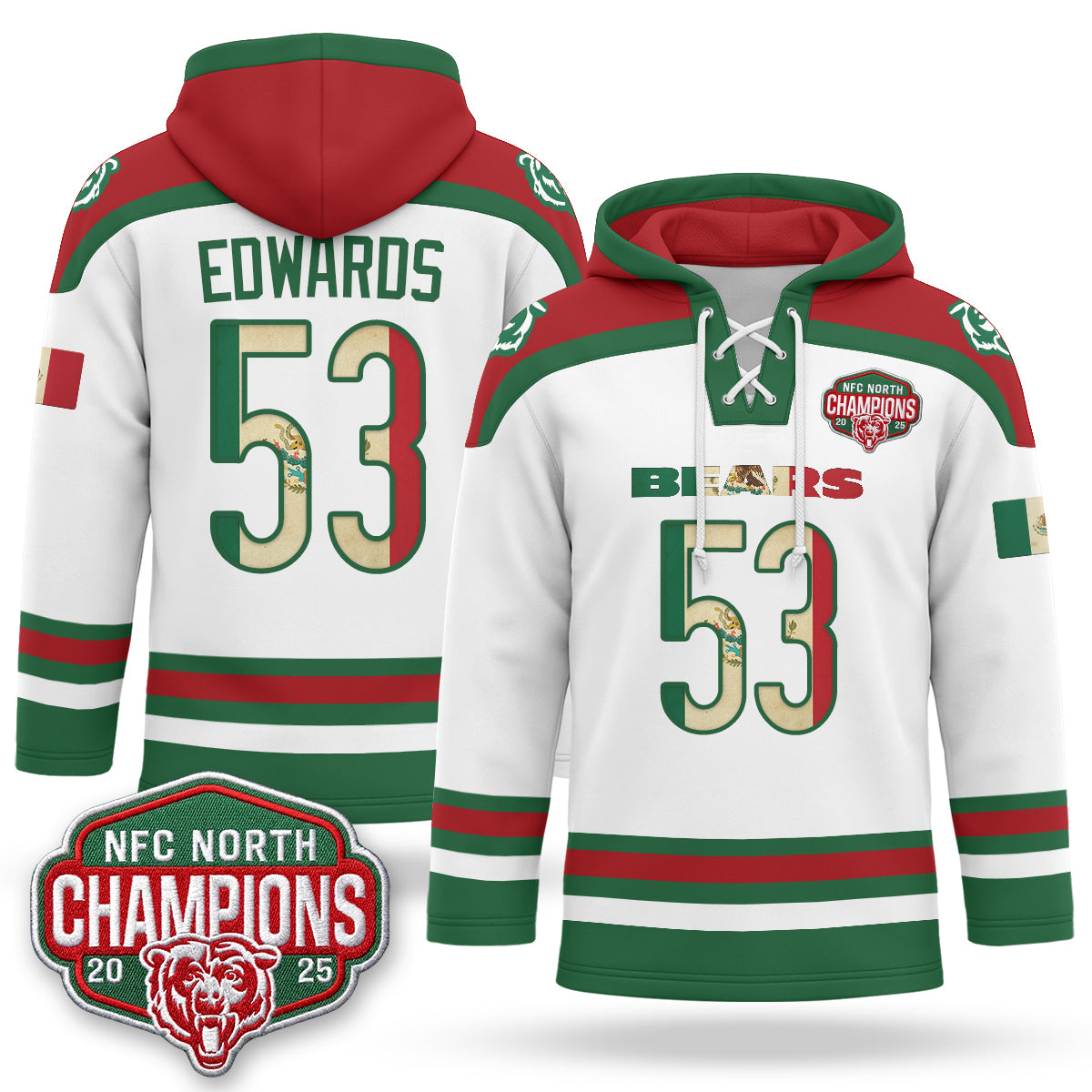 Chicago Bears 2026 Mexico NFC North Champions 2025 Patch Hockey Hoodie - Stitched