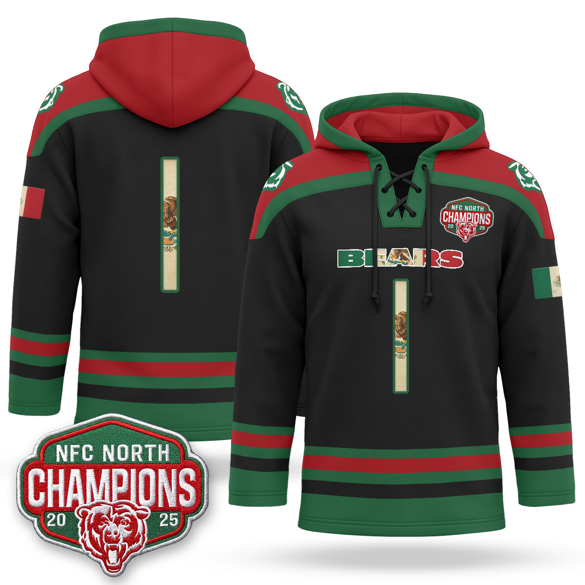 Chicago Bears 2026 Mexico NFC North Champions 2025 Patch Hockey Hoodie - Stitched