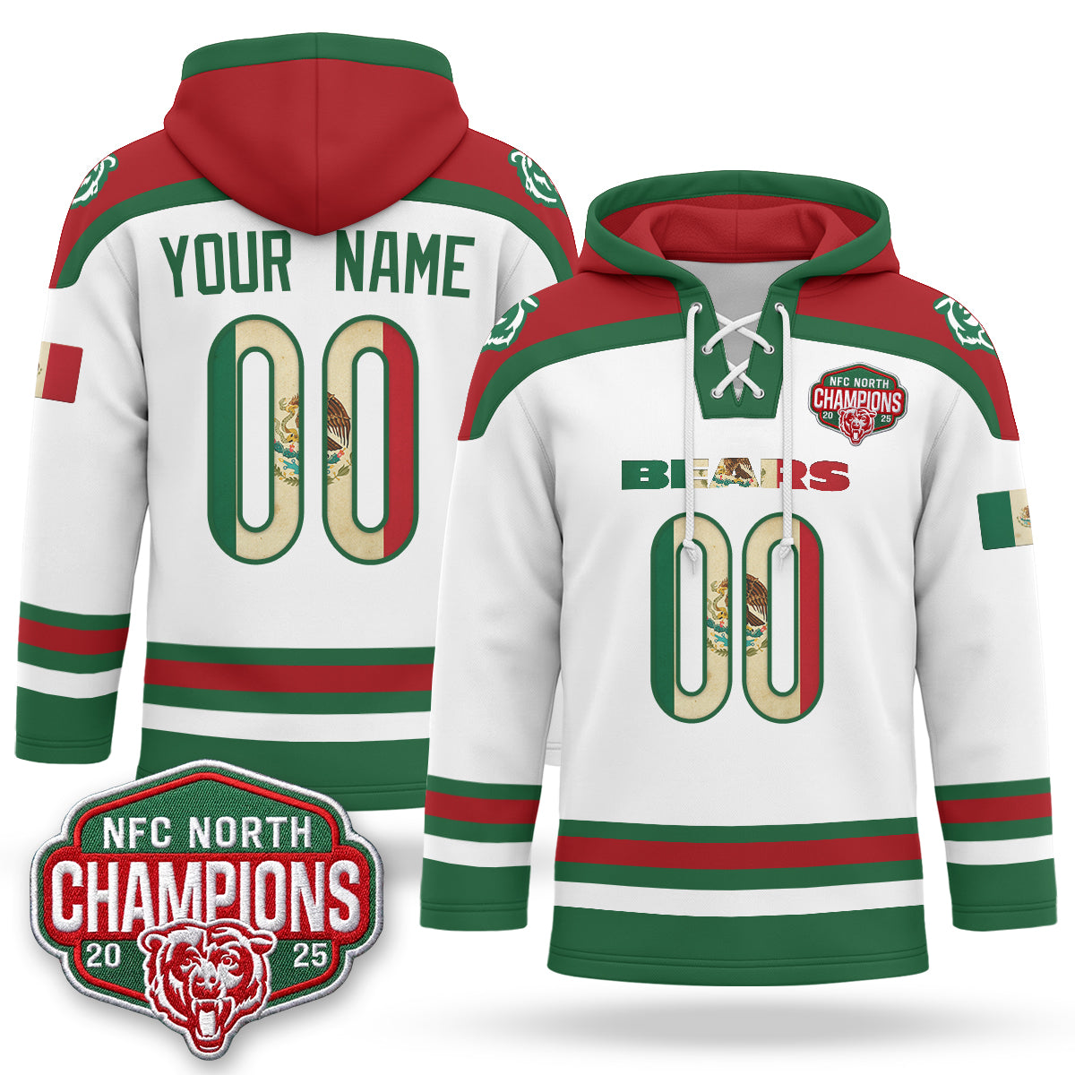 Chicago Bears 2026 Mexico NFC North Champions 2025 Patch Custom Hockey Hoodie - Stitched