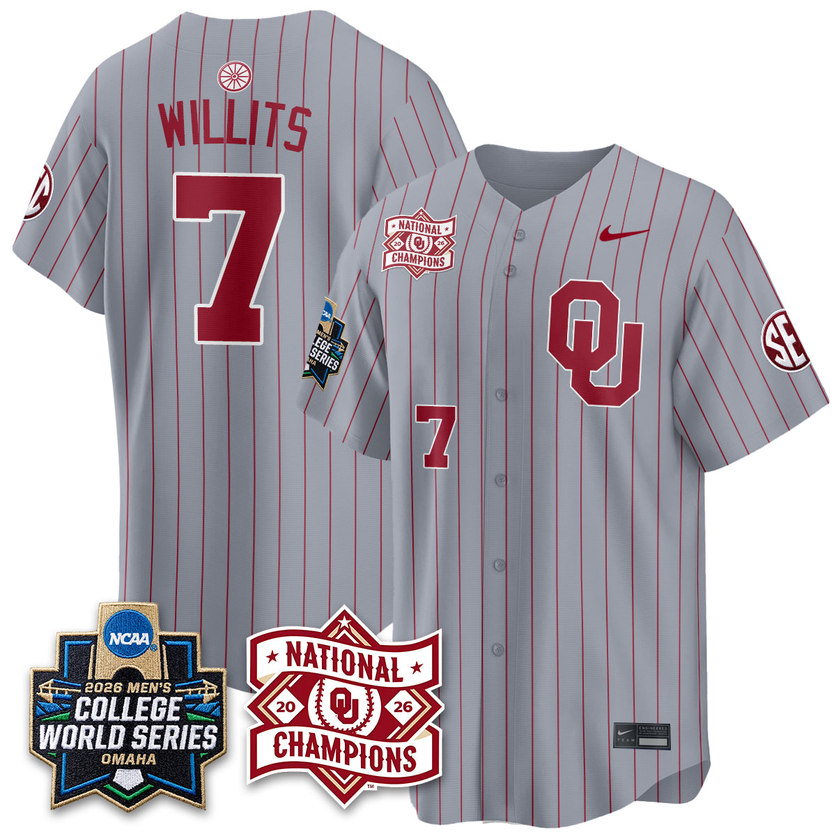 Oklahoma Sooners Nike 2026 NCAA Baseball Men's College World Series Champions Vapor Jersey - Stitched