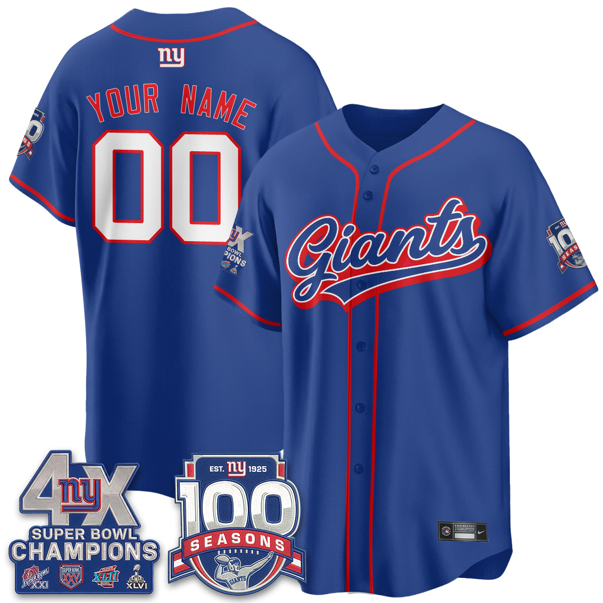 NYG 4X Champs & 100 Anniversary Vapor Baseball Custom Jersey - Stitched